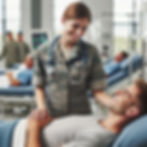 Smiling nurse in camo uniform comforts a patient in a hospital ward. IV stands in view; background shows other patients and staff.