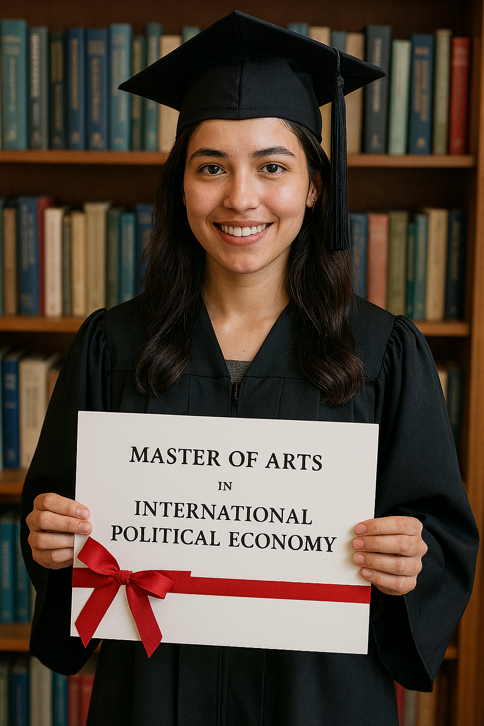 Man in a suit sits at a desk covered with graphs and charts, set in an office with a world map and bookshelves. Sunlight streams in.