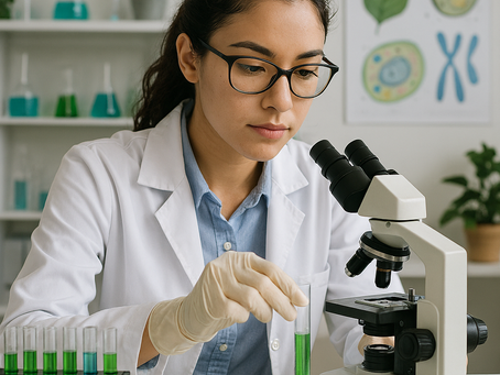 young woman scientist in white lab coat analyzes biological material under a microscope