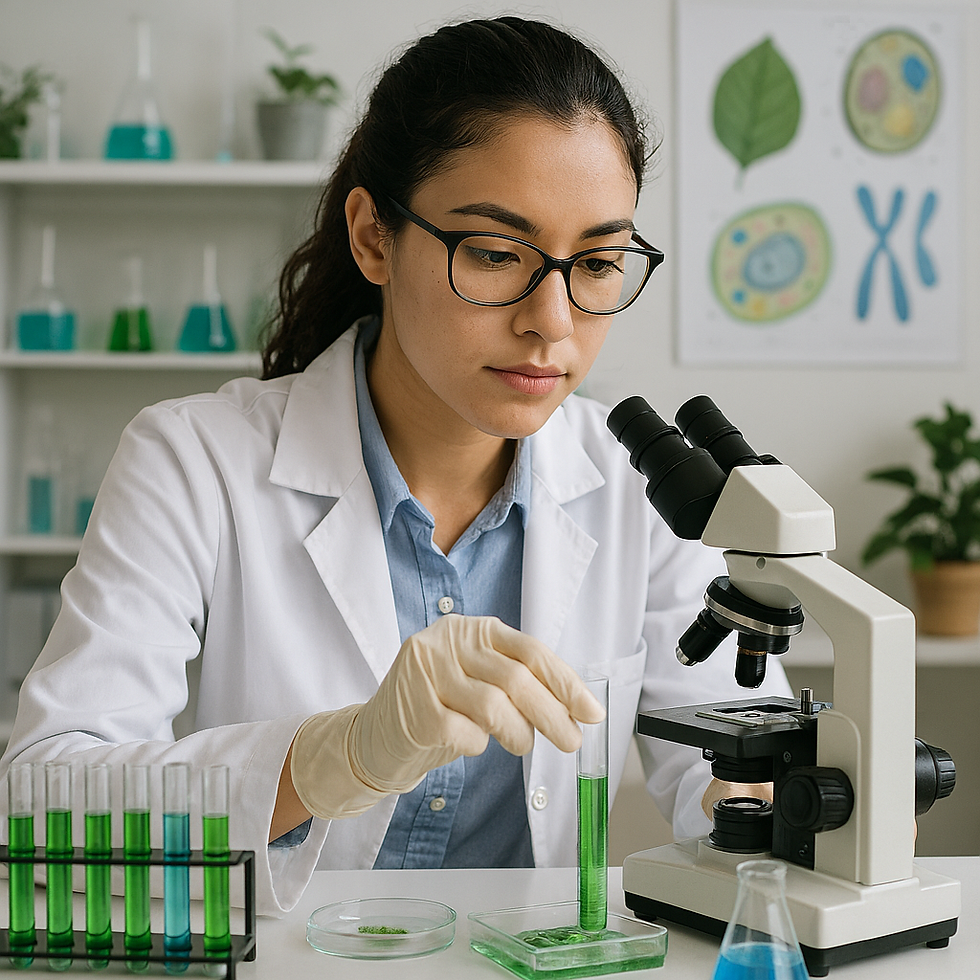 young woman scientist in white lab coat analyzes biological material under a microscope