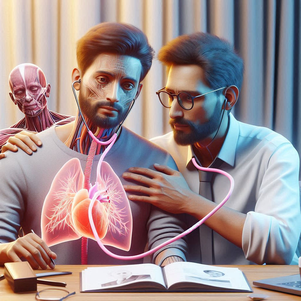 Two men with stethoscopes examine each other; one has anatomical features displayed. Background shows curtains. An open book lies on the table.