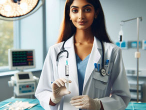 Young doctor in a white coat holds a syringe in a sterile hospital room. She smiles confidently, with surgical tools on a green table.