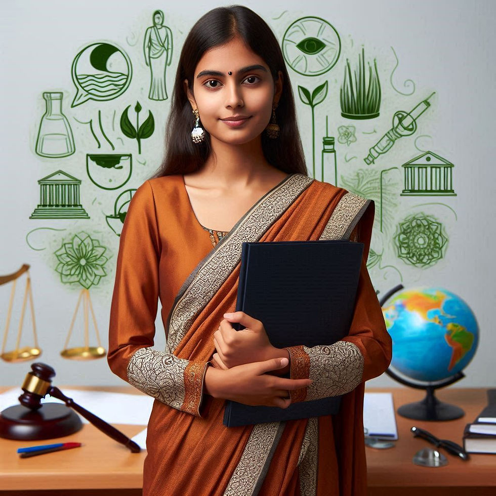 Woman in an orange sari holds a book, standing by a desk with a gavel and globe. Background shows law symbols and green icons.