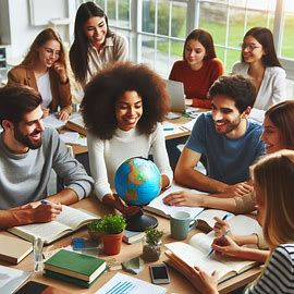 Group of diverse people smiling, studying around a table with books, a globe, and laptops in a bright room, conveying a collaborative mood.