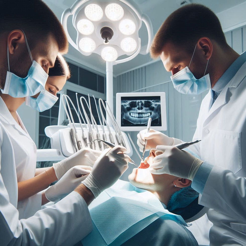Dentists in masks perform surgery under bright lights, with dental tools visible. An X-ray is displayed on a monitor in the background.