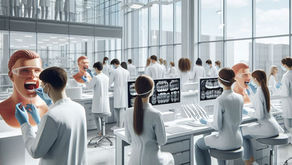 Scientists in white lab coats work with dental models and x-ray displays in a bright, modern lab with large windows and observers above.