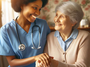 Nurse in blue scrubs smiling and holding the hands of an elderly woman in a cardigan. Floral wallpaper in the background, warm lighting.