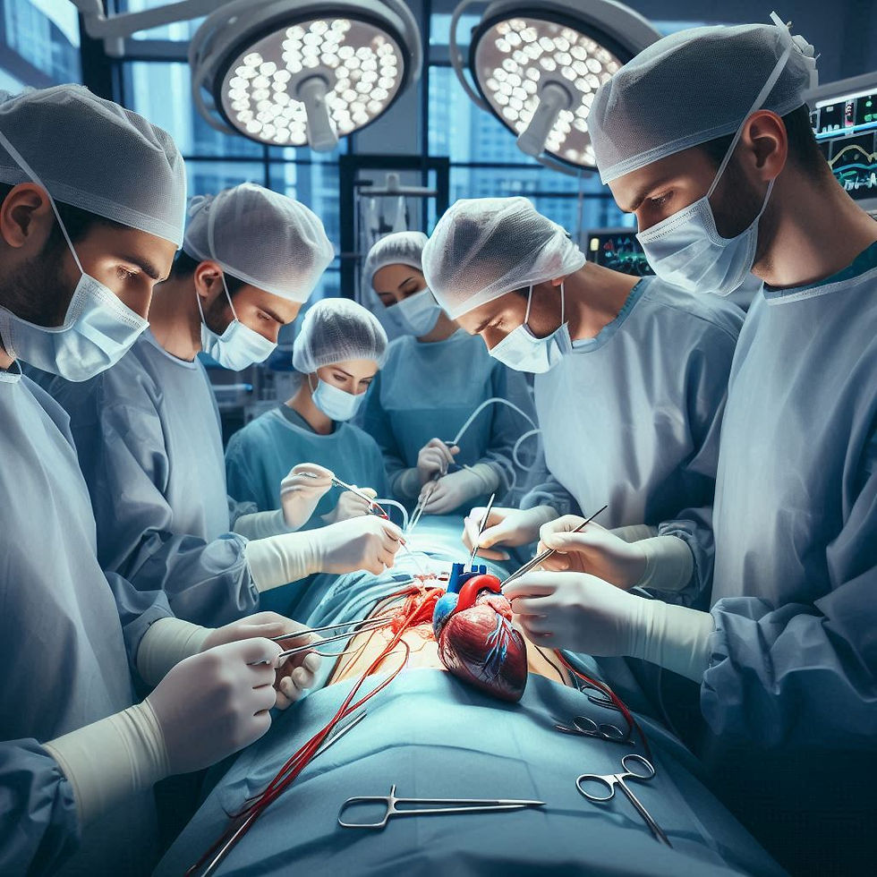 Surgeons in blue scrubs performing heart surgery under bright operating lights. The scene is tense and focused, with surgical tools visible.