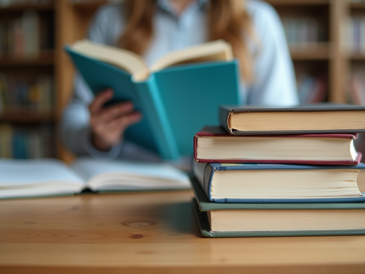 student reading in the library with books stacked on the table