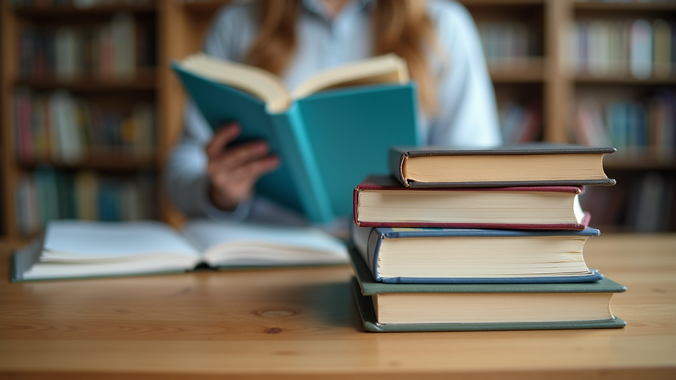Eye-level view of a stack of education textbooks on a wooden desk