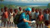 A healthcare worker in teal scrubs kneels to help children on a rocky path. Bright sky, distant hills, and ocean in the background.