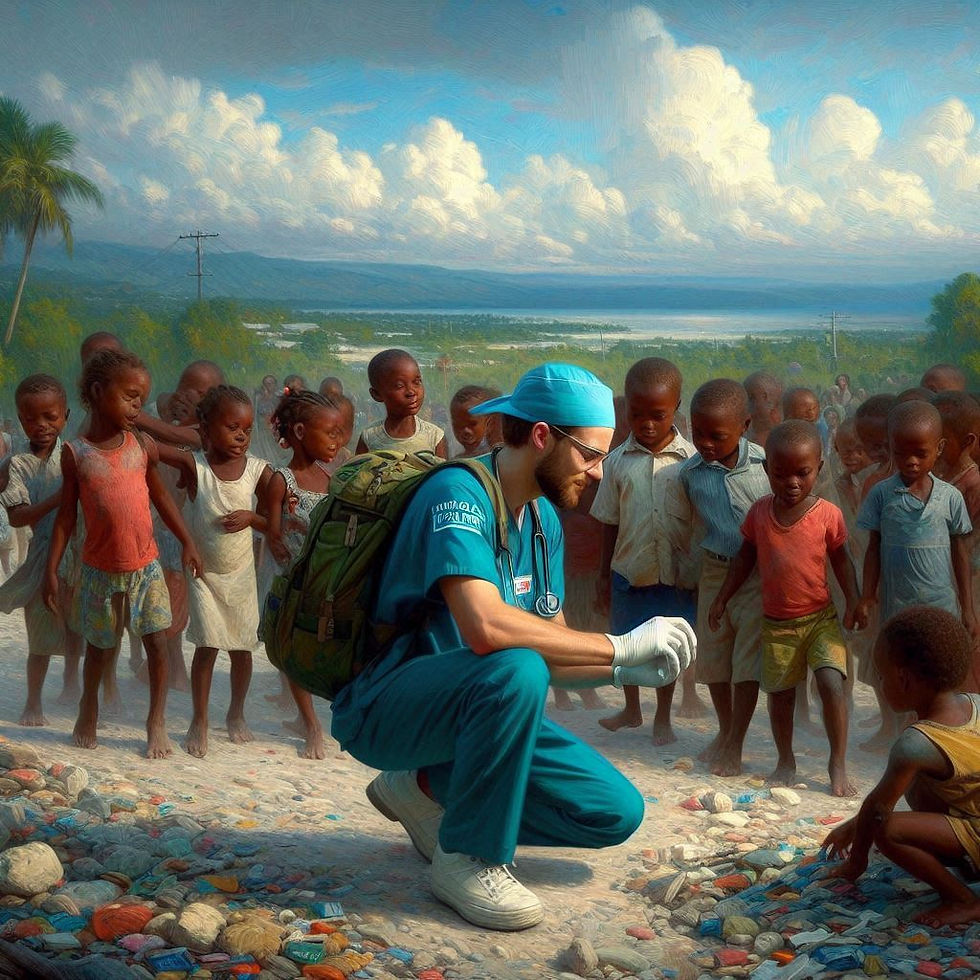 A healthcare worker in teal scrubs kneels to help children on a rocky path. Bright sky, distant hills, and ocean in the background.