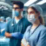 Medical team in scrubs, masks, and stethoscopes in an operating room with bright lights. Focused expressions.