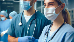 Medical team in scrubs, masks, and stethoscopes in an operating room with bright lights. Focused expressions.