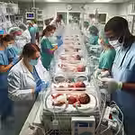 Medical staff in scrubs and masks care for newborns in a hospital NICU. Incubators line the room, creating a calm, focused atmosphere.