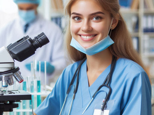 Smiling woman in blue scrubs with a stethoscope in a lab, stands near a microscope. Another person in mask and cap works in the background.