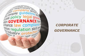 A hand holds a globe with words like "Governance" and "Compliance." Beside it, "Corporate Governance" text on a white background.