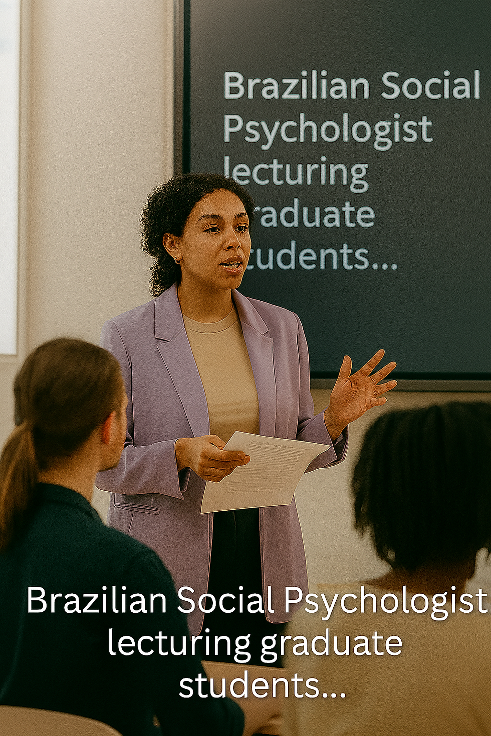 Woman in a purple blazer lecturing to students, holding papers. Text on screen: "Brazilian Social Psychologist lecturing graduate students…"