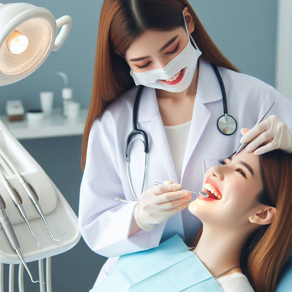 Dentist in white coat and mask examines a smiling patient in a dental chair. Brightly lit clinic with tools on the left.