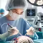 Surgeon in blue scrubs performs brain surgery in an operating room. Medical equipment and bright lights in the background; focused expression.