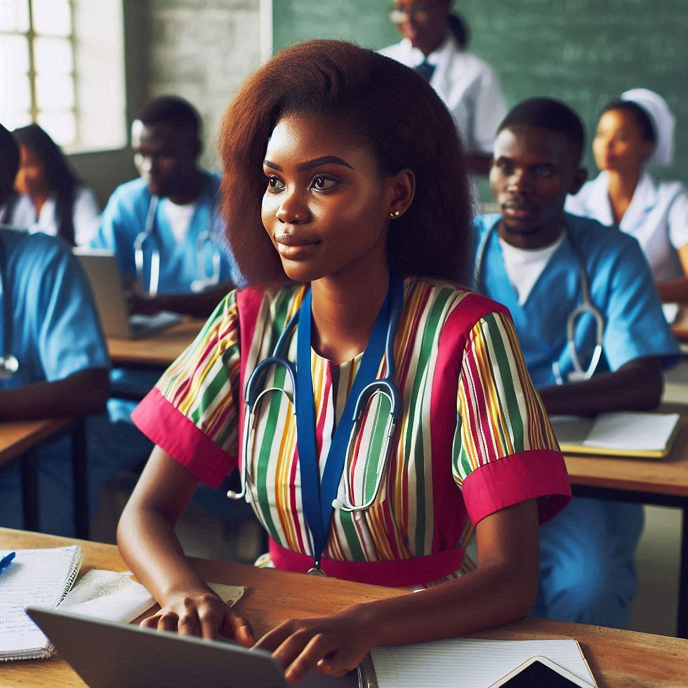 A student in striped attire with a stethoscope sits attentively in a classroom. Others in blue uniforms are in the background, creating a studious mood.
