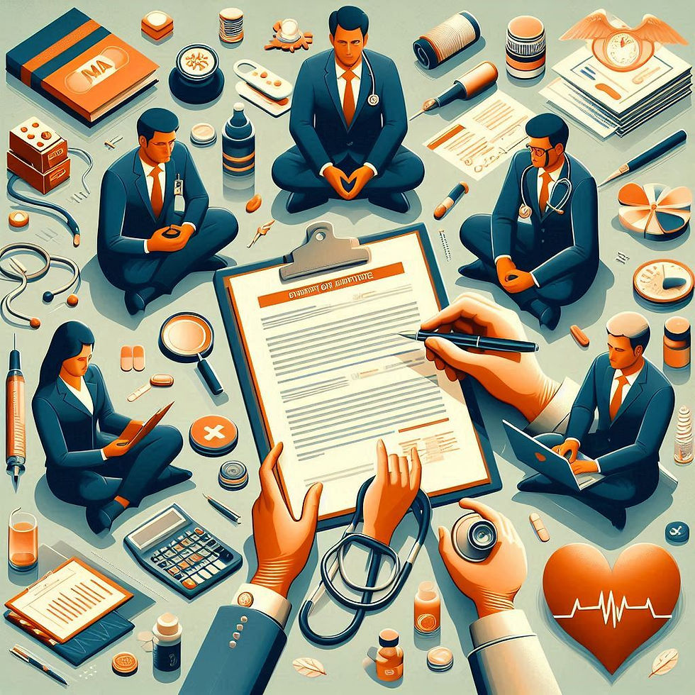 Doctors in suits sit cross-legged among medical tools and documents. A hand writes on a clipboard. Orange and blue hues dominate.