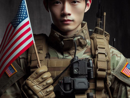 A soldier wearing camouflage and tactical gear holds a small U.S. flag. Dark background, serious expression, visible U.S. flag patches.