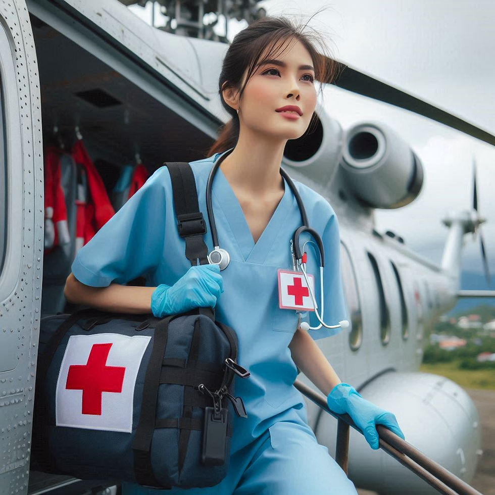 Emergency medical worker in blue scrubs exits helicopter, holding a bag with a red cross. Overcast sky, serious expression, ready to respond.
