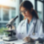 Young scientist in a lab coat uses a microscope, writing notes. Sunlit lab setting with glassware, calm and focused mood.