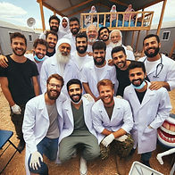 Group of smiling people in white lab coats, outdoors. Building and seated crowd in the background. Bright, cheerful atmosphere.