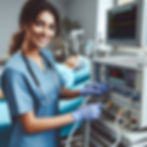 Smiling nurse in blue scrubs adjusts medical equipment in a hospital room. Patient lies in bed. Monitor shows vital signs.