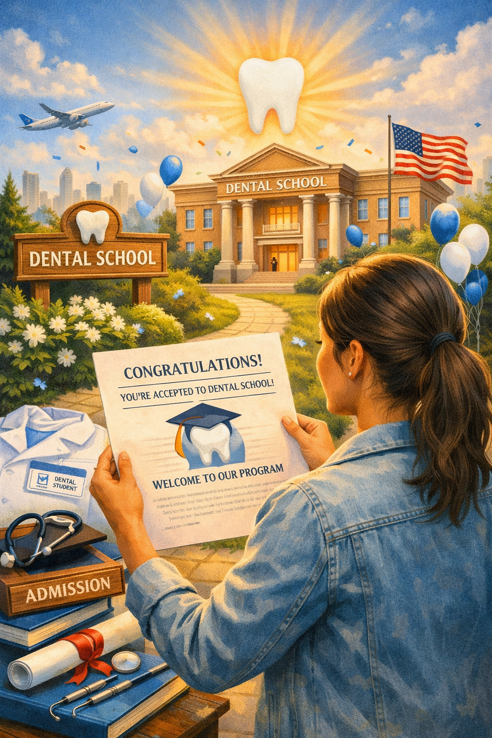 Woman reads dental school acceptance letter outside campus with balloons, U.S. flag, airplane, and bright sunburst.