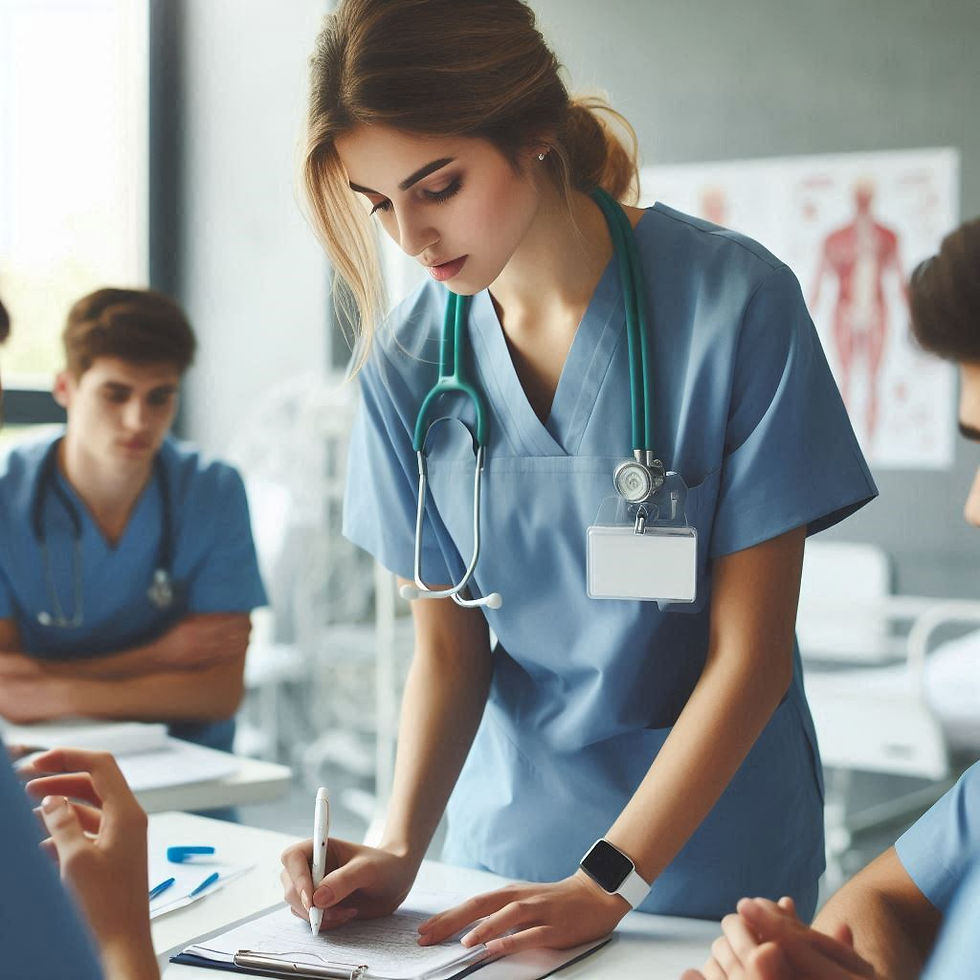 Medical students in blue scrubs gathered around a table; one writes on a clipboard. Stethoscopes visible. Bright, clinical setting. Focused mood.