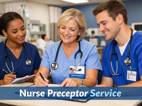 nurse preceptor with two trainees, smiling and wearing scrubs