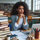 Person seated at a cluttered desk in a sunlit library, surrounded by books, papers, and writing tools, gazing thoughtfully away from a laptop