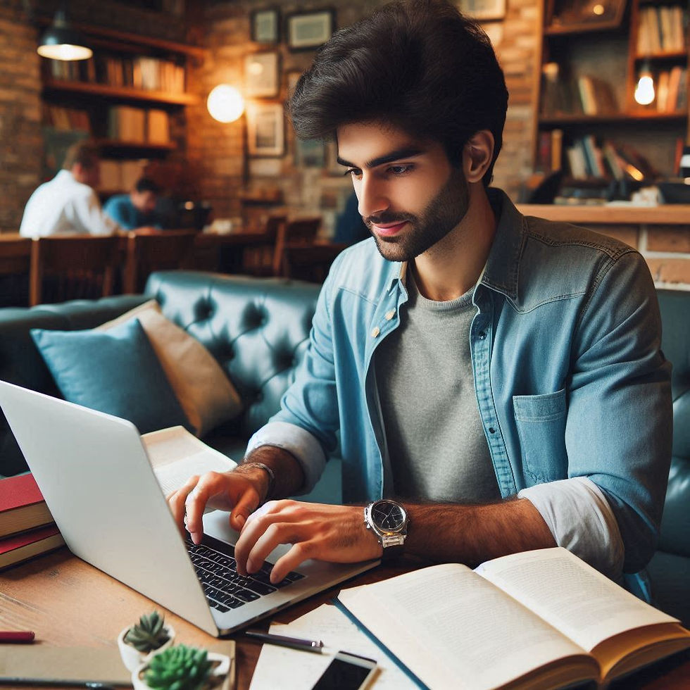 Man typing on laptop in cozy cafe, focused. Blue denim shirt, books and phone on table. Warm lighting, brick walls, relaxed mood.