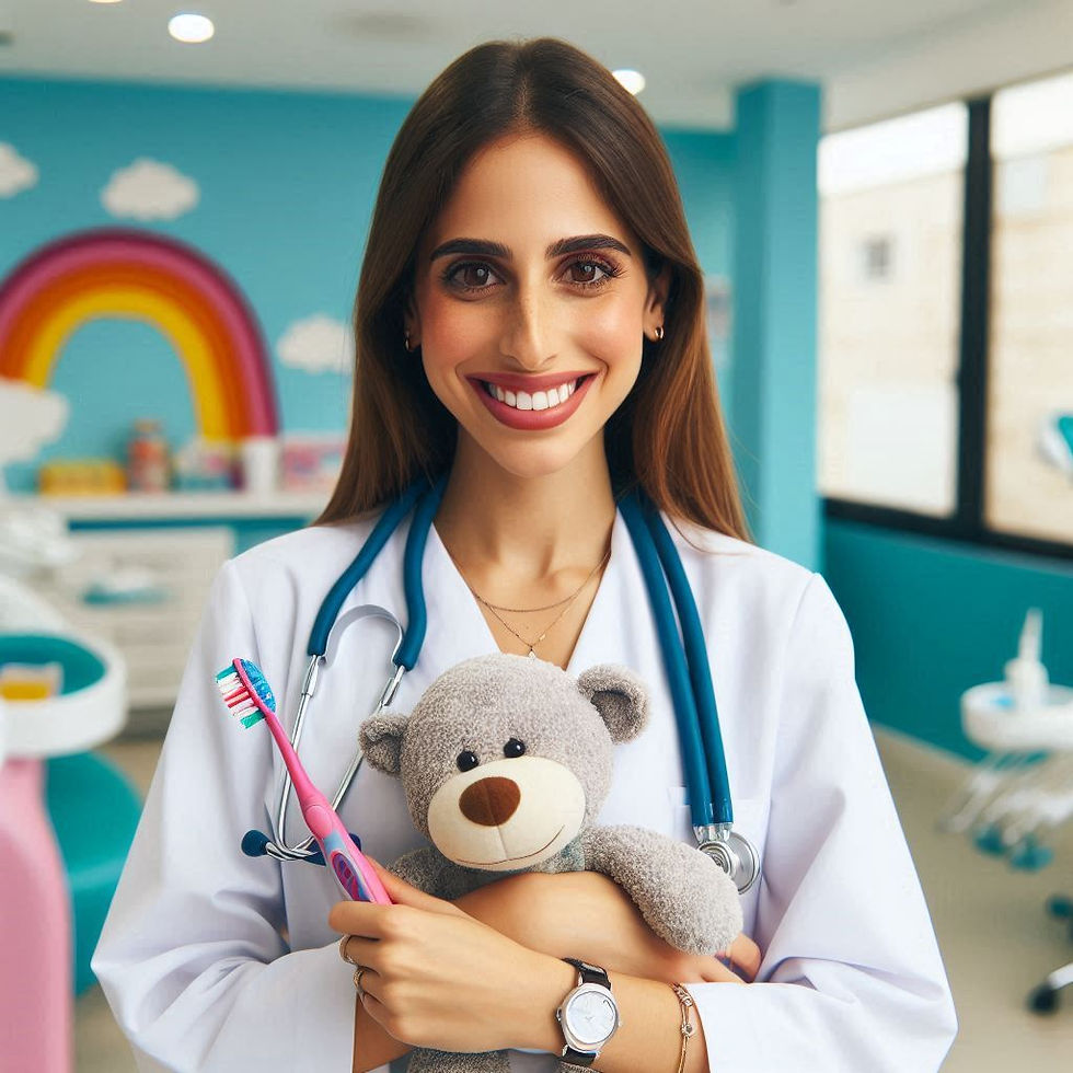 Smiling woman in white coat holds teddy bear and toothbrush in colorful dental clinic with rainbow mural. Bright, cheerful atmosphere.