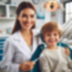 Dentist and smiling child in dental chair, dentist holding toothbrush. Bright clinic setting with dental tools visible. Warm and friendly mood.