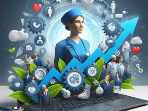 Health worker in blue scrubs with digital icons, gears, and upward arrow emerging from laptop, symbolizing growth and technology in healthcare.