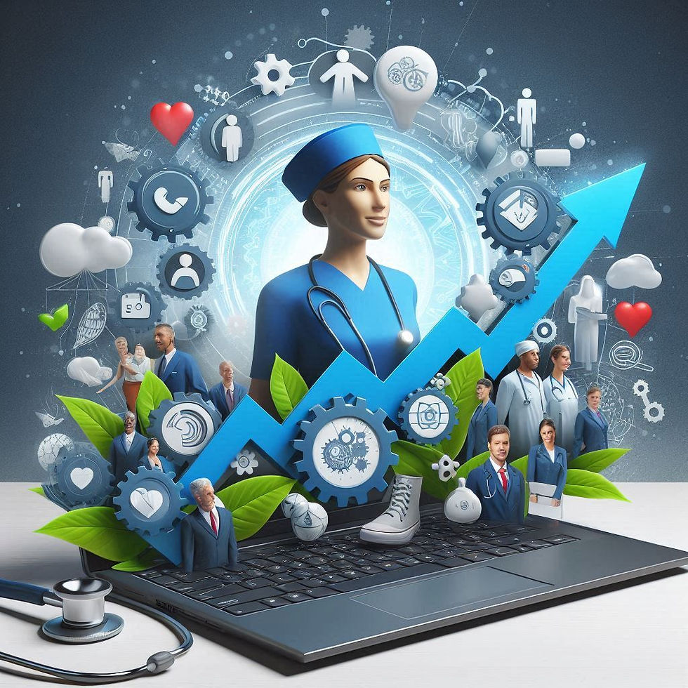 Health worker in blue scrubs with digital icons, gears, and upward arrow emerging from laptop, symbolizing growth and technology in healthcare.