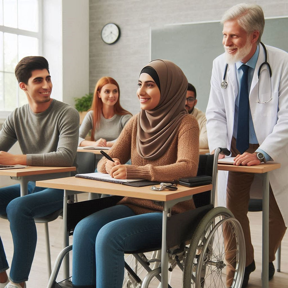 Female student in wheelchair smiling in a classroom, surrounded by peers and a doctor. Bright, welcoming atmosphere with natural light.