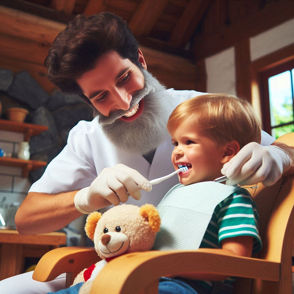 Dentist in blue scrubs brushing a child's teeth in a cozy room. The child holds a teddy bear. Both are smiling, creating a cheerful mood.
