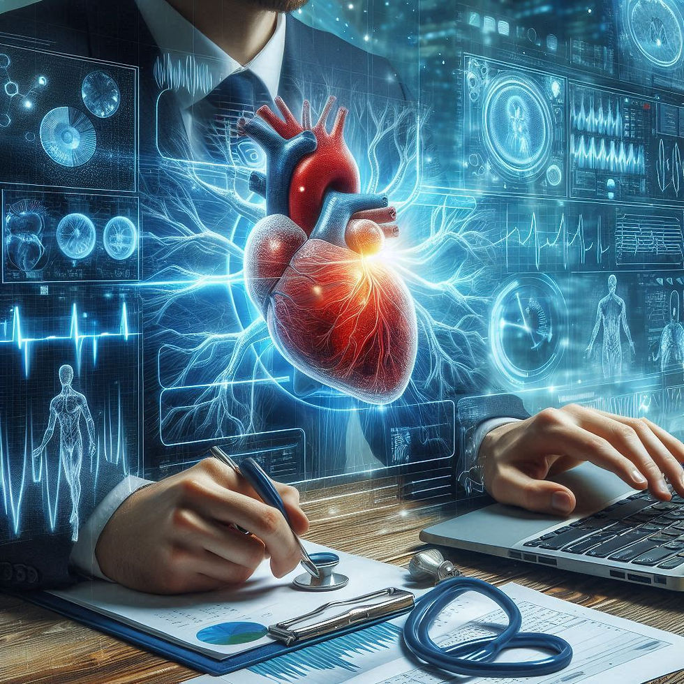 A man in a suit works on a laptop with holographic medical graphics, including a heart, surrounding him. Clipboard and stethoscope visible.
