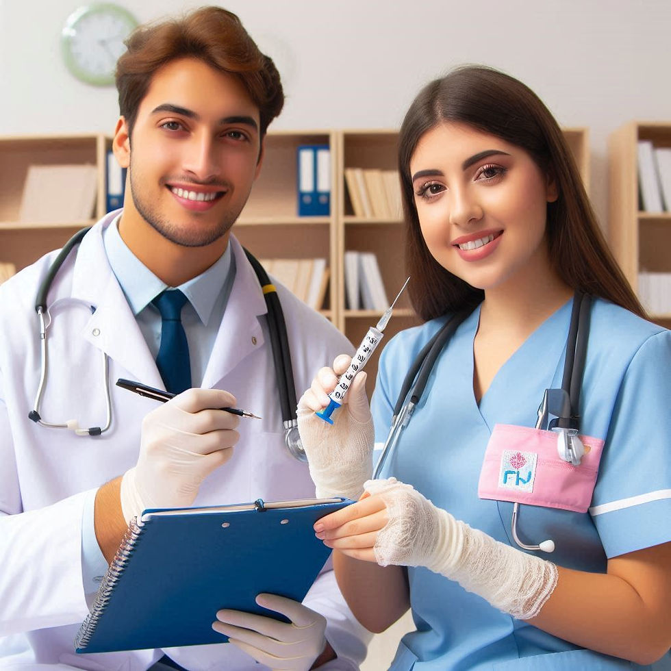 Two smiling healthcare workers, one holding a syringe and the other a clipboard. Both wear uniforms with stethoscopes. Shelves in the background.