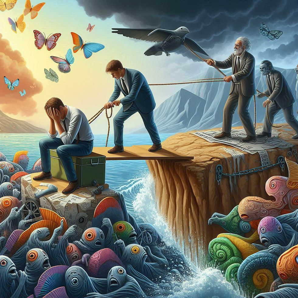 Men pull a rope across a cliff under dark clouds. A man sits on a box, head in hands. Colorful fish and butterflies surround the scene.