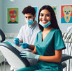 Dental professionals in teal scrubs and masks, smiling in a clinic with colorful art on the walls, convey a friendly, professional mood.