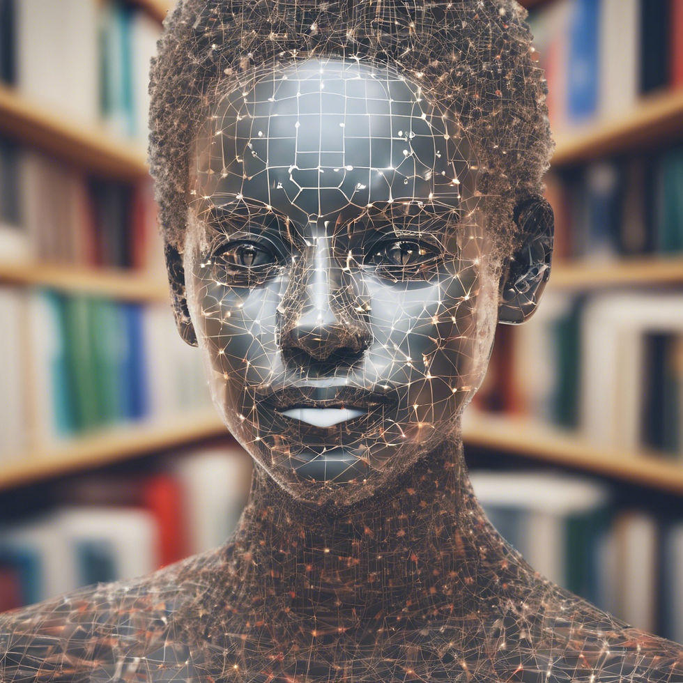AI figure with wireframe grid overlay, set in a library with colorful books. Futuristic and digital ambiance.
