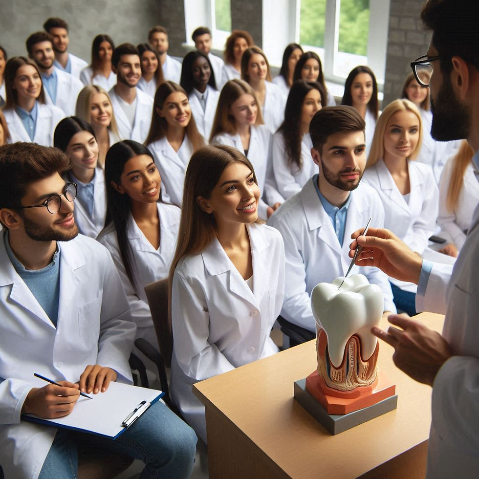 A group of students in white coats observes a dental model demonstration in a classroom. They're attentive, smiling, and taking notes.