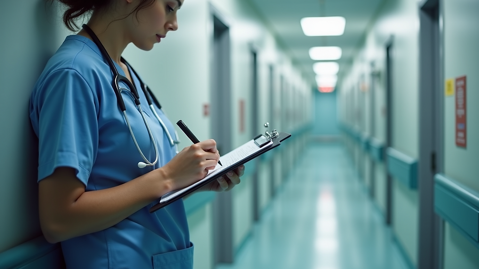 Eye-level view of a nurse writing on a clipboard in a hospital corridor