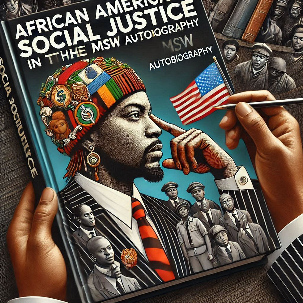 Hands holding a book titled "African American Social Justice in the MSW Autobiography." Cover art features a thoughtful man with icons.